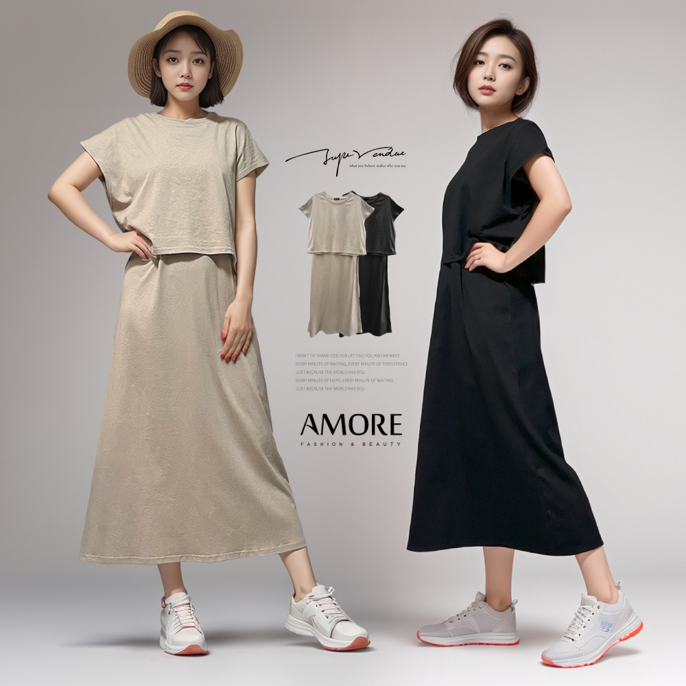 【Amore】日韓兩件式層次長版短袖連身衣裙2色