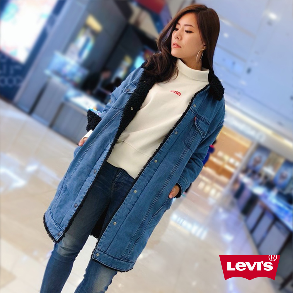 Levis 女款 牛仔外套 背後LOGO 毛領 長版