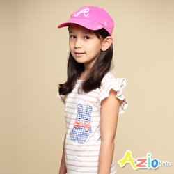 Azio Kids美國派 女童  上衣 格紋兔子貼布立體蝴蝶結橫條紋荷葉短袖上衣(粉)