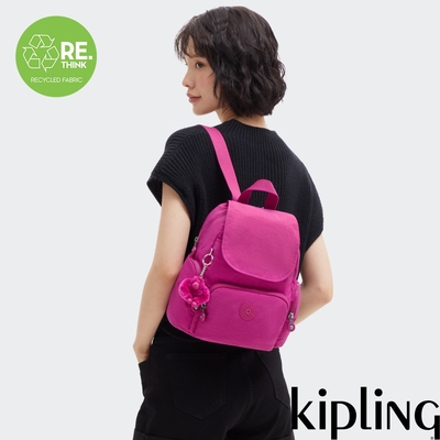 『猴子包』Kipling 亮粉色掀蓋拉鍊後背包-CITY ZIP MINI