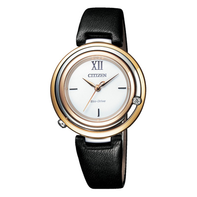 CITIZEN L 光動能晶鑽圓環腕錶-金X黑皮帶-EM0656-15A-32mm