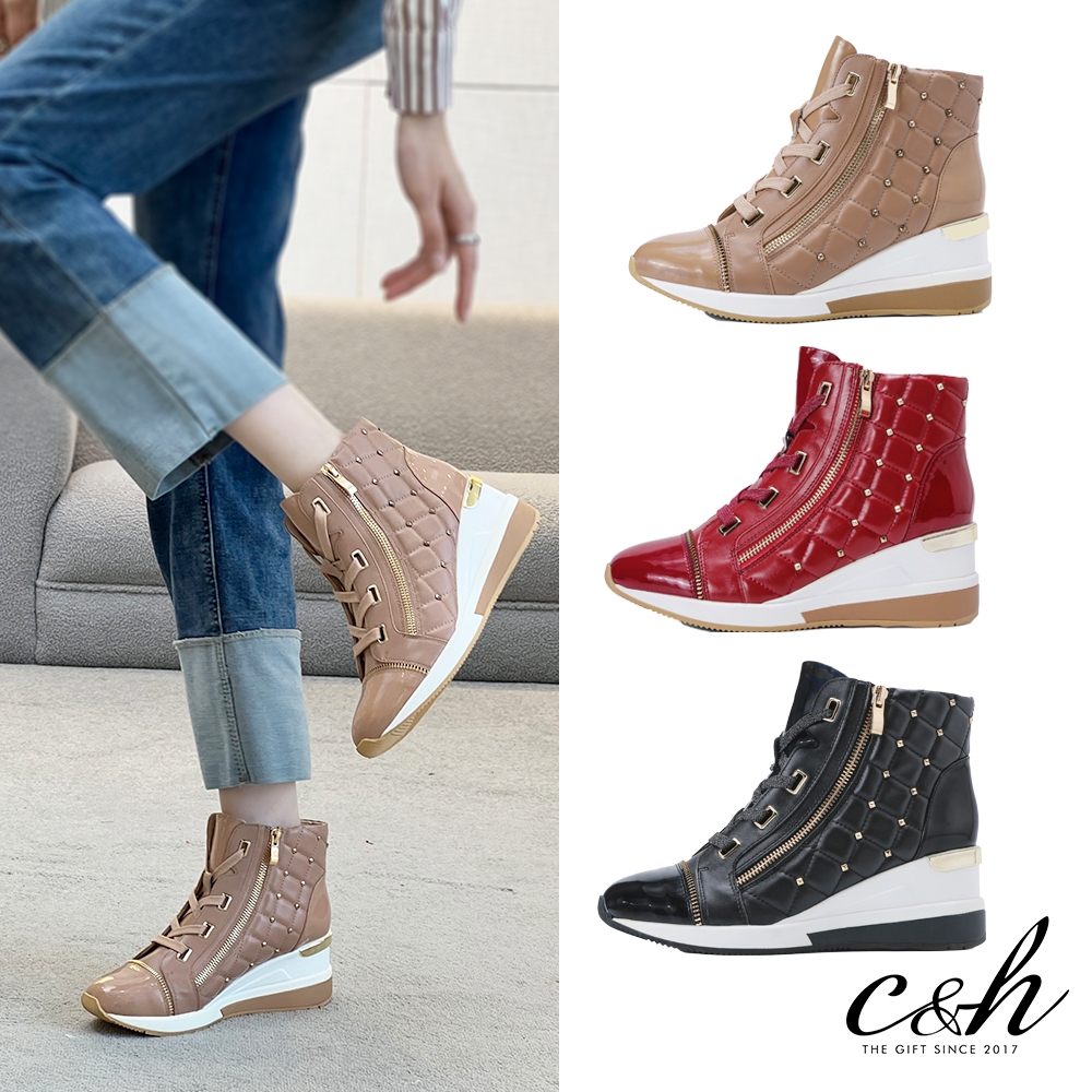 C&H 復古鉚釘 內增高 全真皮小圓頭靴-多色可選