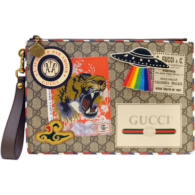 【GUCCI 古馳】473915 經典GG supreme系列印花圖騰掛腕手拿包(棕色)