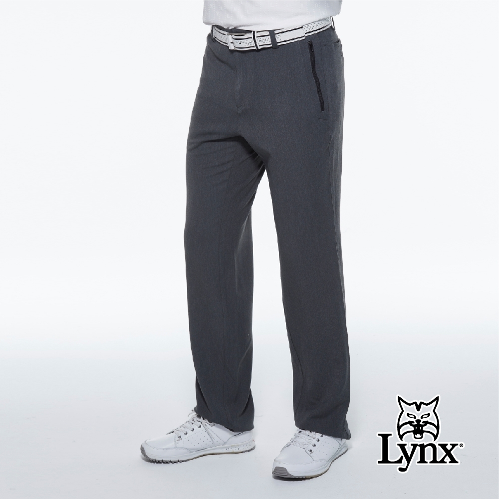 【Lynx Golf】男款日本進口布料彈性舒適腰頭造型拉鍊口袋平口休閒長褲-深灰色