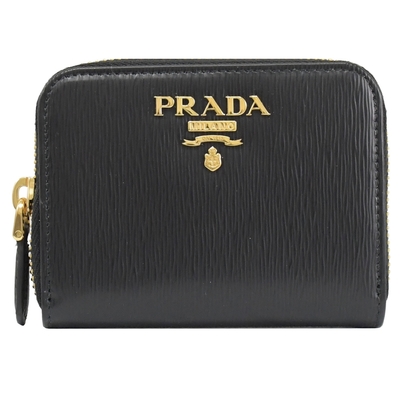 PRADA  經典LOGO水波紋皮革拉鍊零錢短夾(黑)