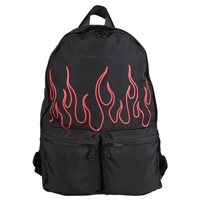 展示品VISION OF SUPER 經典品牌刺繡LOGO紅色火焰印花尼龍後背包(黑)