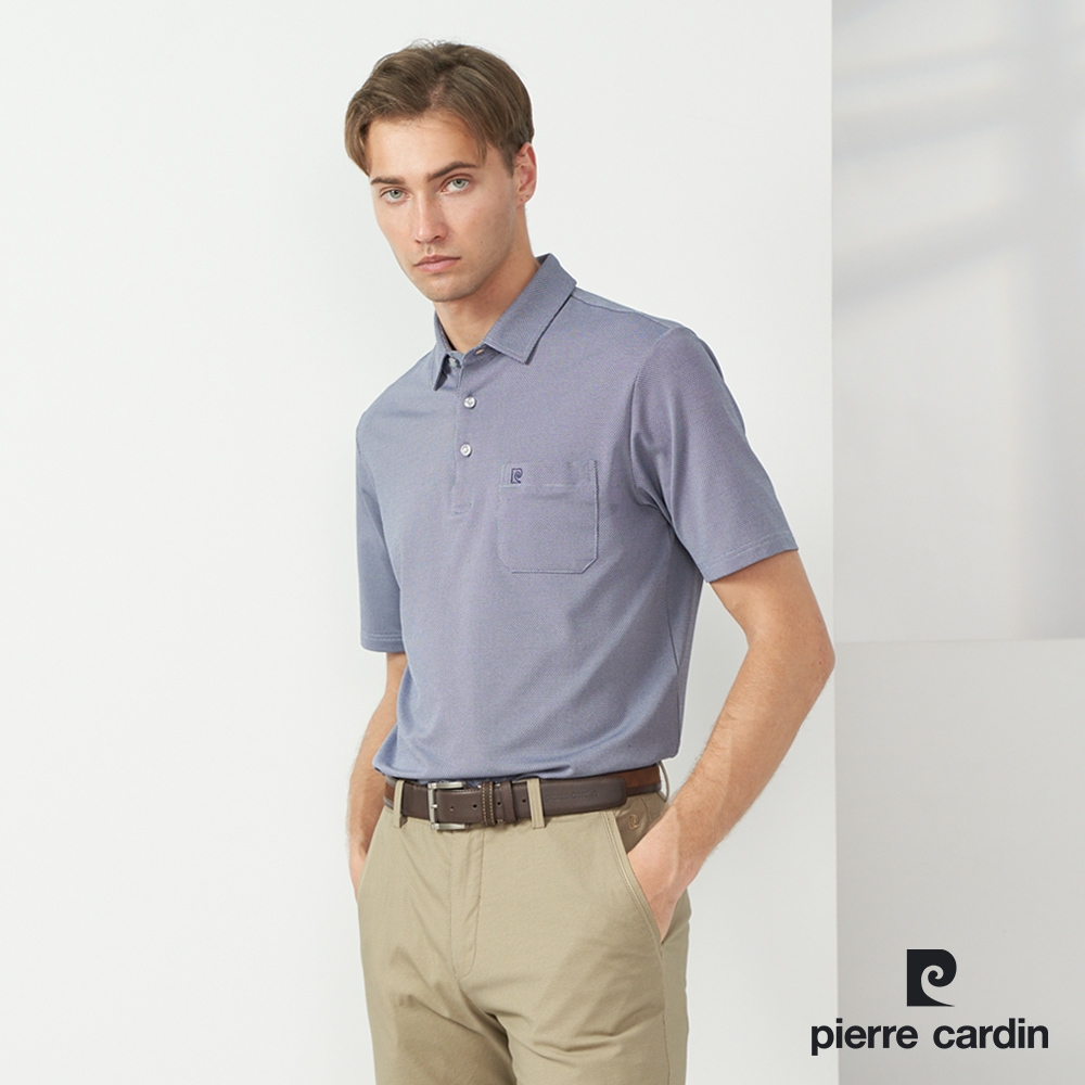 Pierre Cardin皮爾卡登 男款 TOP小組織布紋短袖POLO衫-深藍色(5237298-38)