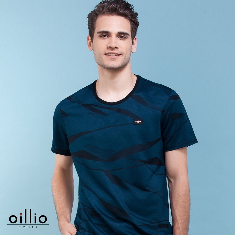 oillio歐洲貴族 短袖超柔質感天絲棉圓領T恤 柔順手感防皺 特色創意圖紋 藍色