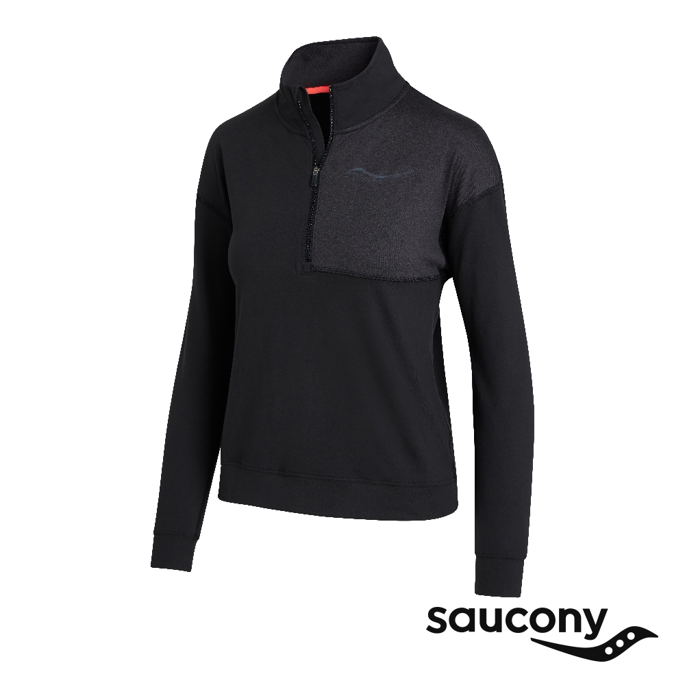 【SAUCONY 索康尼】運動1/4長袖/女 服飾 原廠貨 SUNDAY 1/4 ZIP(黑色-SCSAW800394-BK)