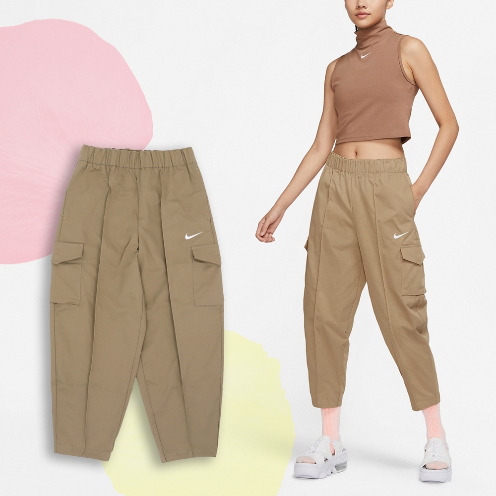 Nike 褲子 NSW Essentials Curve Pants 女款 棕 高腰 寬版 9分褲 DD5984-200