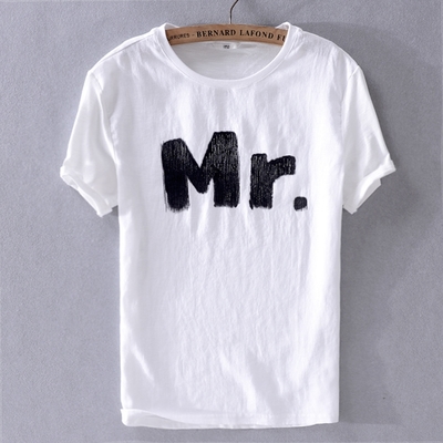 米蘭精品 亞麻T恤棉麻短袖上衣-白色英文字母棉麻男裝父親節禮物73xf40
