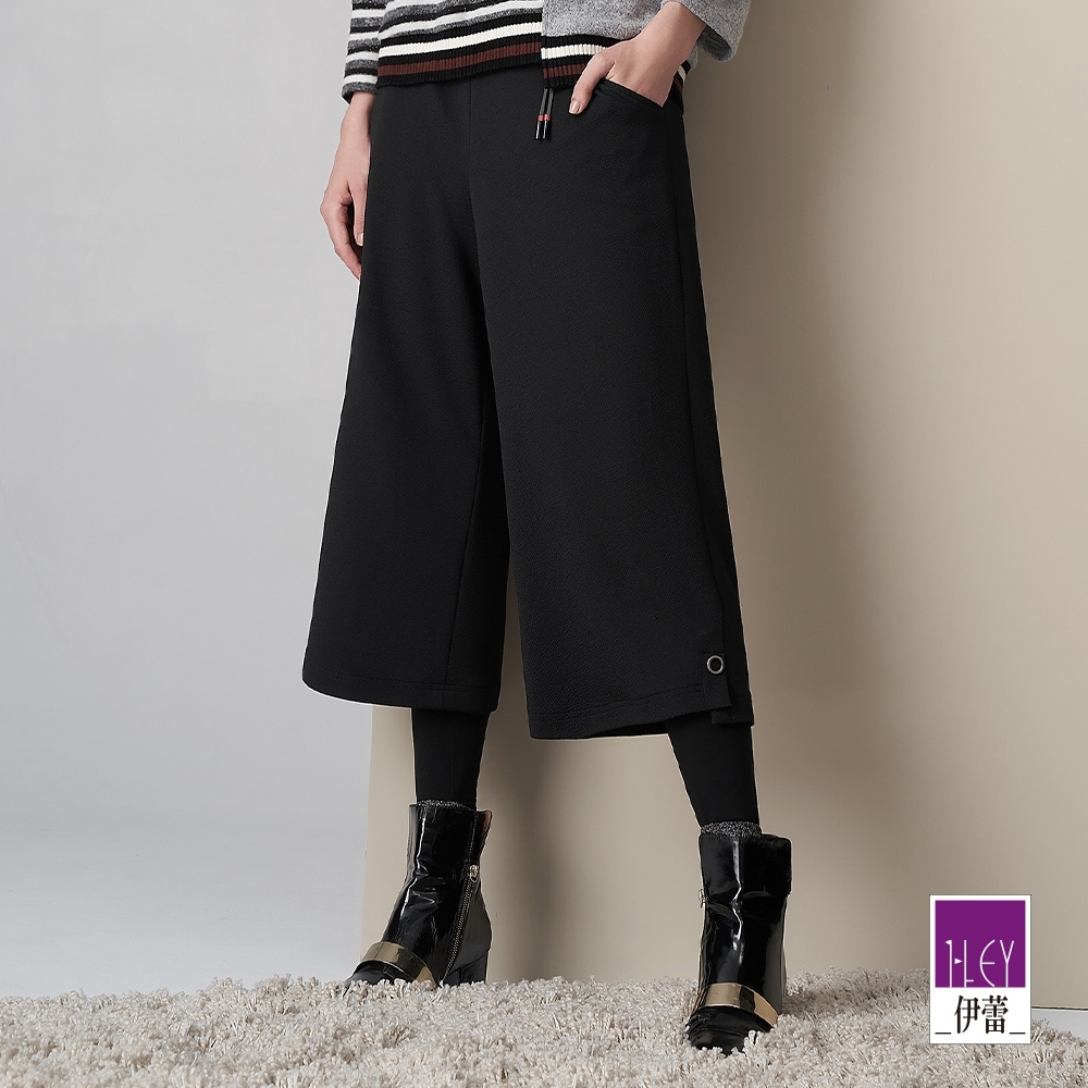 ILEY伊蕾 紋理彈性造型假兩件式寬褲(黑)