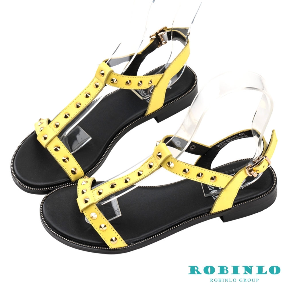 Robinlo極簡酷感鉚釘交叉繫帶涼拖鞋 黃色