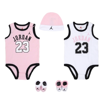 Nike 包屁衣 Jordan 5 Piece Set 粉 白 純棉 按扣 五件套 帽子 襪子 禮盒 嬰兒 JD2113029NB-002