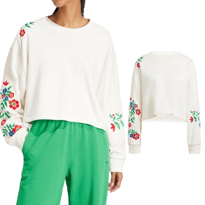 adidas originals floral sweat 女款 白色 圓領 短版 花花 刺繡 棉質 長袖 is2425