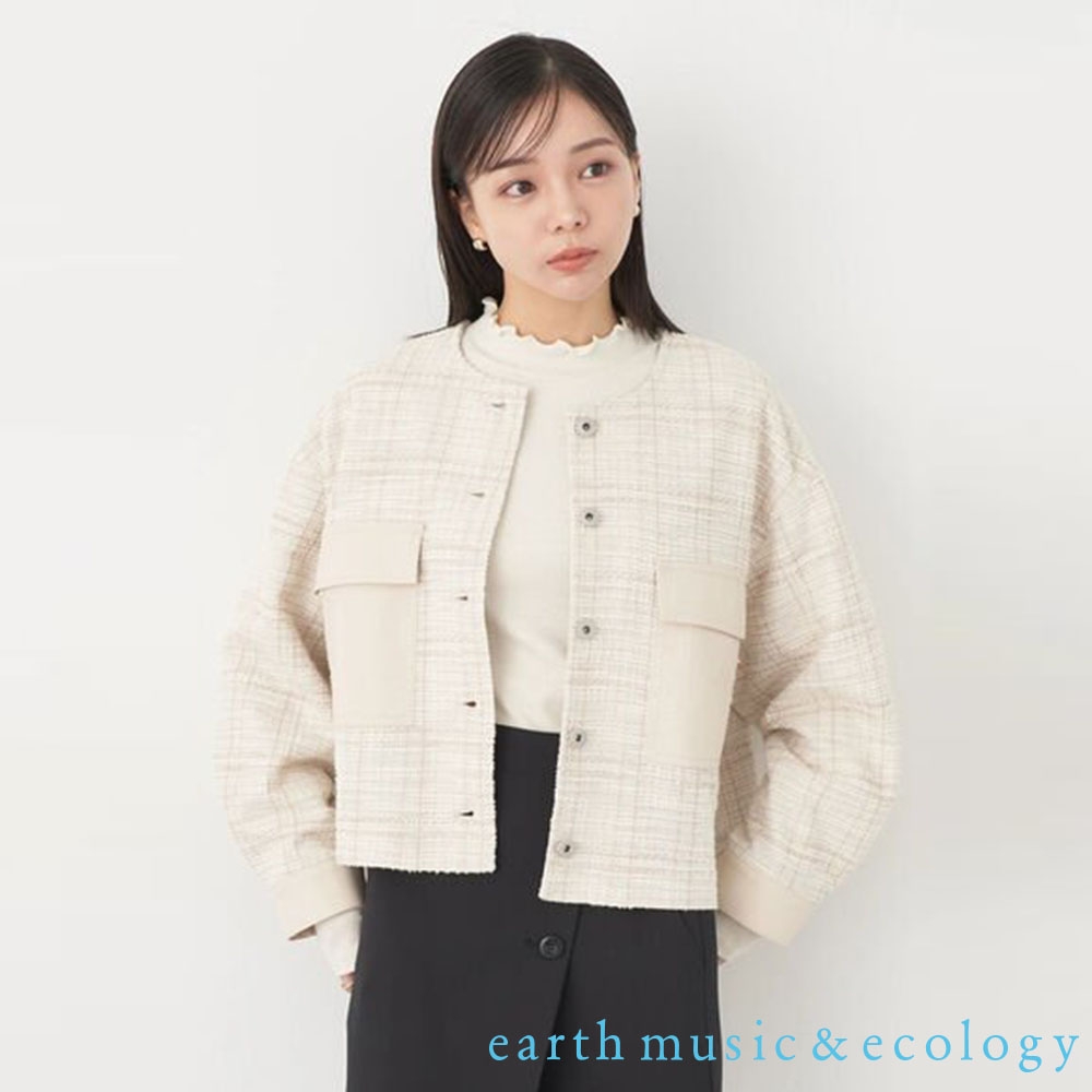 earth music  配色雙口袋白格紋粗毛尼無領夾克外套