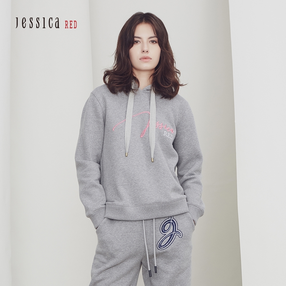 JESSICA RED - 灰色簡約時尚百搭刺繡棉質帽T
