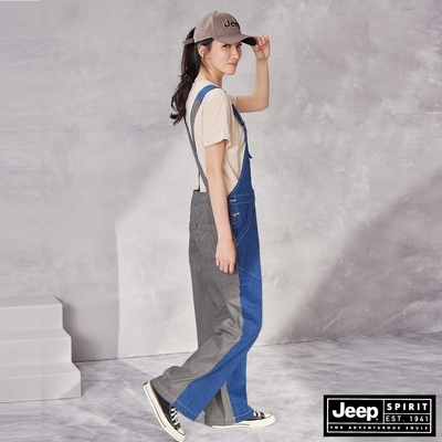 JEEP 女裝 休閒寬版拼接造型吊帶褲 -藍色