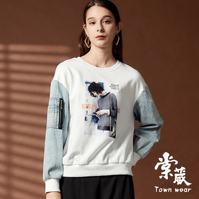 【TOWNWEAR棠葳】休閒印圖拼接袖純棉上衣(女上衣/長袖/口袋/圓領)