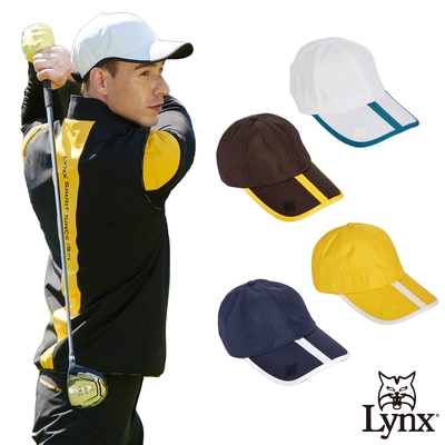 【Lynx Golf】男款可折式易收納防潑水配色帽簷山貓膠標鐵扣式可調節式球帽-(四色)