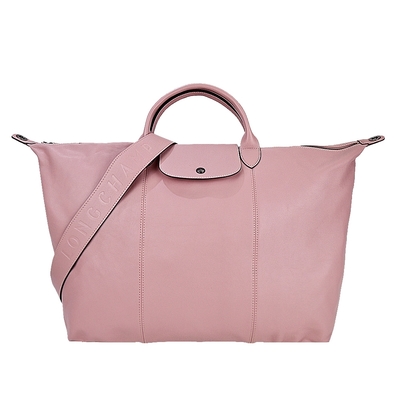 LONGCHAMP Le Pliage Cuir 系列小羊皮寬背帶短把折疊旅行包(古董粉)