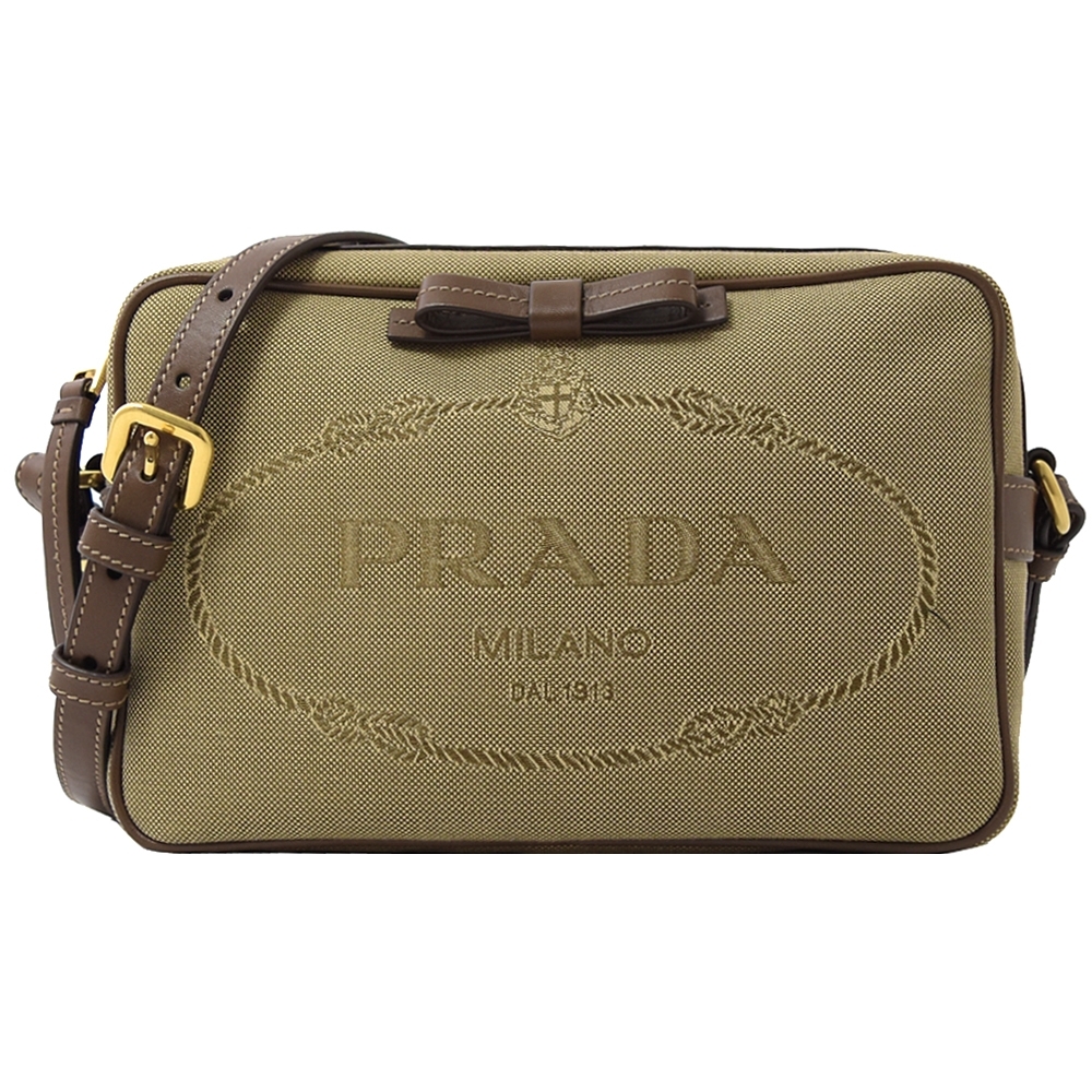 PRADA 復古大LOGO帆布蝴蝶結斜背相機包(咖)