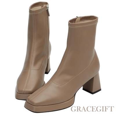 【Grace Gift】rather聯名-今天不加班方頭扁跟襪靴 灰褐