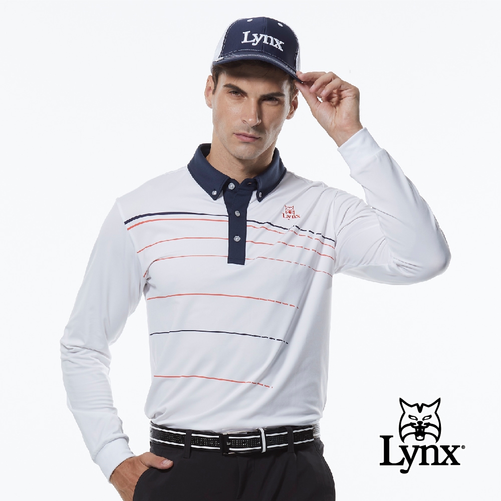 【Lynx Golf】男款吸濕排汗極簡線條風配布領設計長袖POLO衫-白色