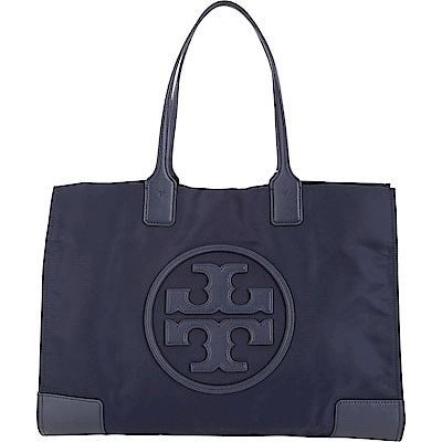 TORY BURCH Ella 大款經典盾牌皮革拼接尼龍肩背包(深藍色)