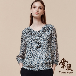 【TOWNWEAR棠葳】愛心印花荷葉領雪紡上衣(中大尺碼/女上衣/氣質/長袖/撞色)