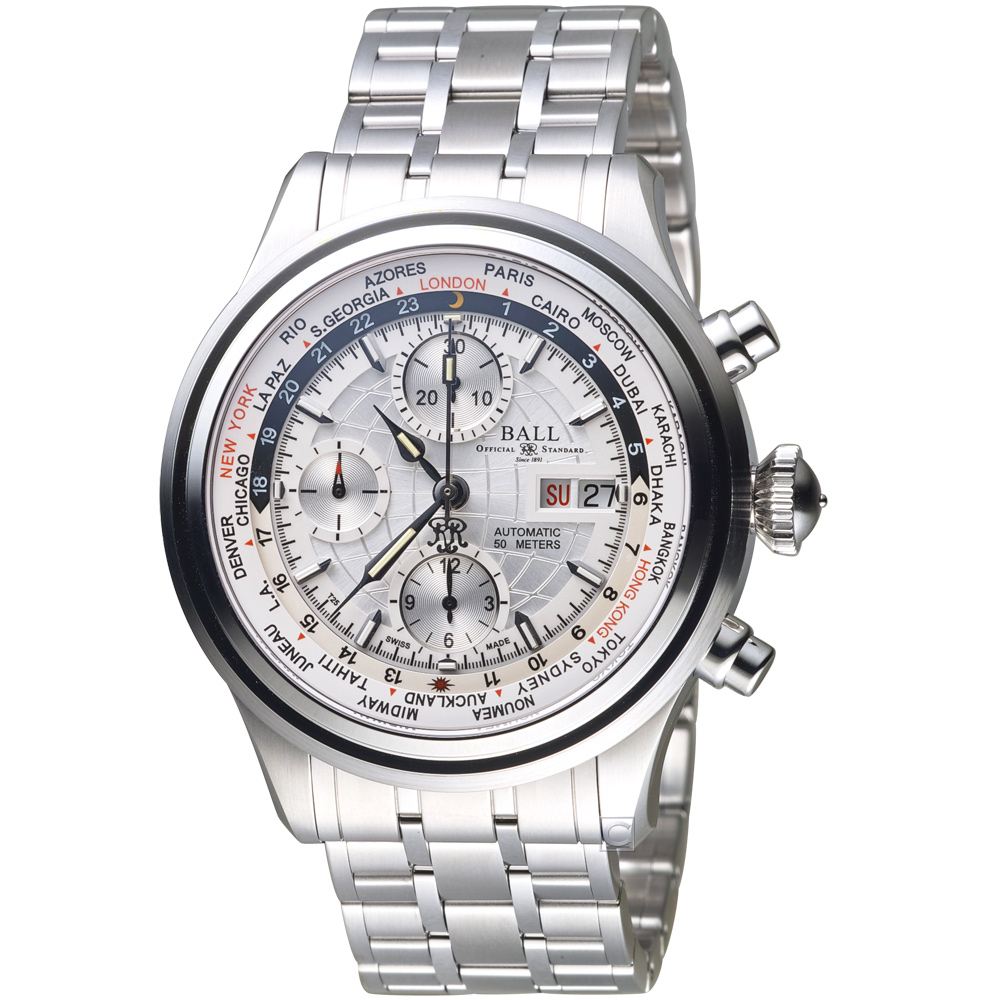 B4_BALL 波爾錶 Trainmaster世界時間GMT計時機械錶(CM2052D-SJ-SL)銀