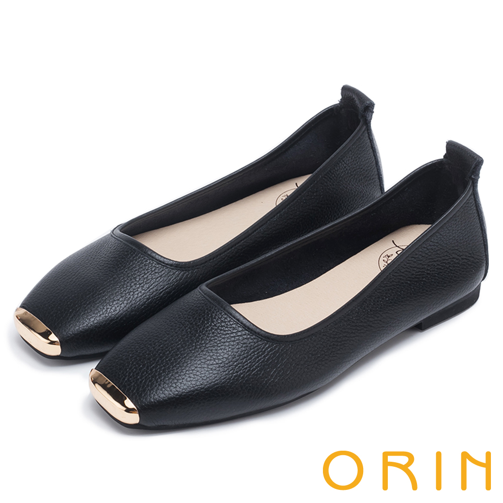 ORIN 率性簡約 金屬方頭牛皮平底鞋-黑色