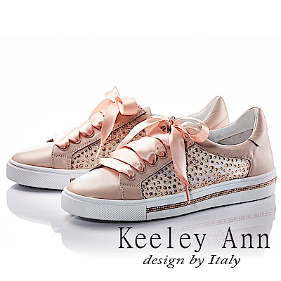 Keeley Ann 可愛運動~唯美水鑽質感綁帶真皮軟墊休閒鞋(粉紅色-Ann)