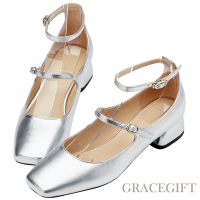 【Grace Gift】復古方頭雙帶中跟芭蕾瑪莉珍鞋 銀