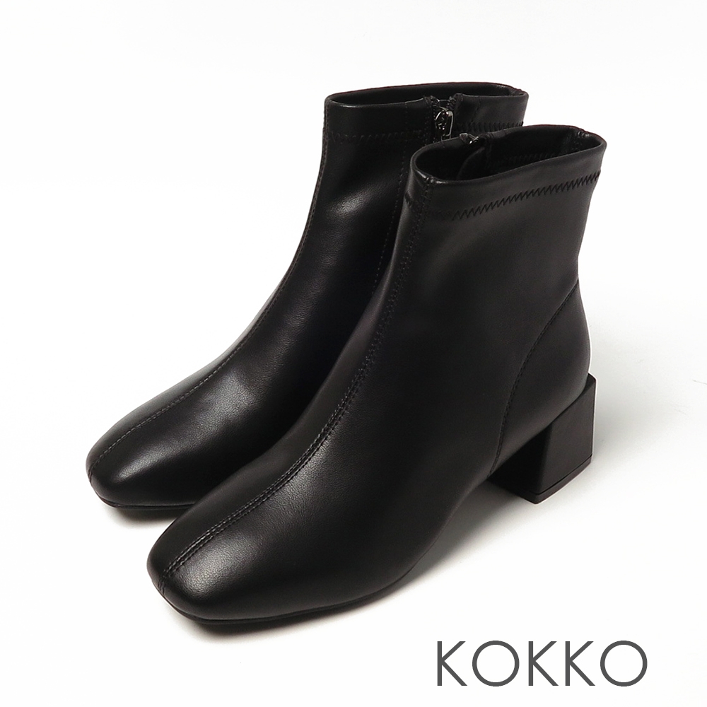 (時尚美靴)KOKKO極簡真皮平頭粗跟拉鍊短靴霧面黑