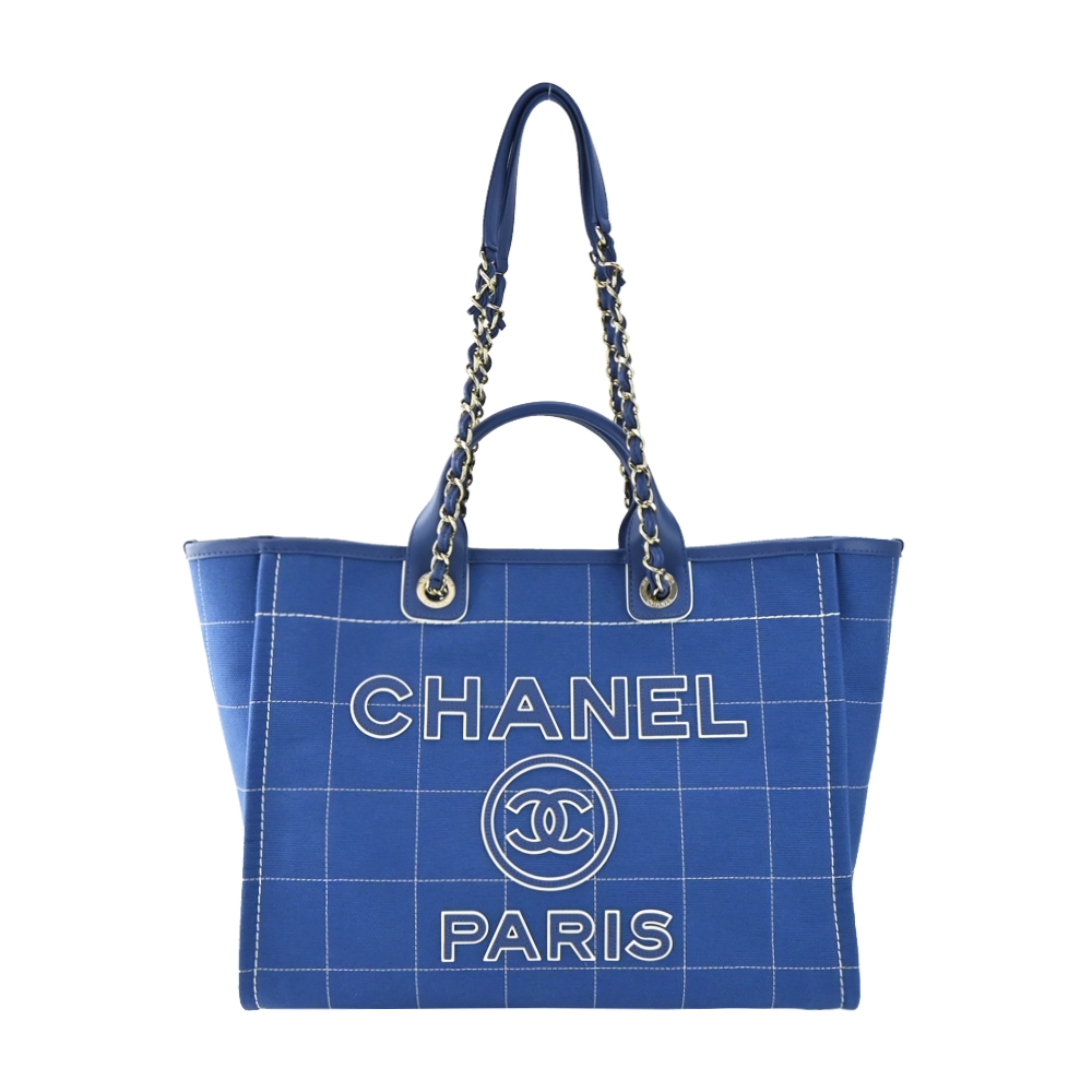 CHANEL 經典Deauville格紋帆布大號托特包(藍色)