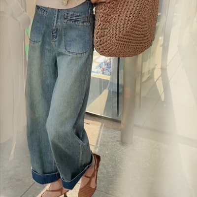 【LANNI 藍尼】現+預 前後兩穿復古高腰直筒牛仔褲(闊腿褲/長褲/垂感)