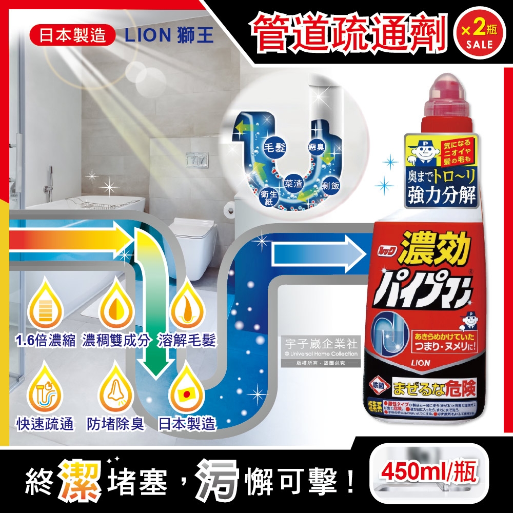 (2瓶超值組)日本LION獅王-廚房衛浴排水管防堵除臭道疏通超濃縮清潔劑(紅瓶)450ml/瓶(快速溶解毛髮)