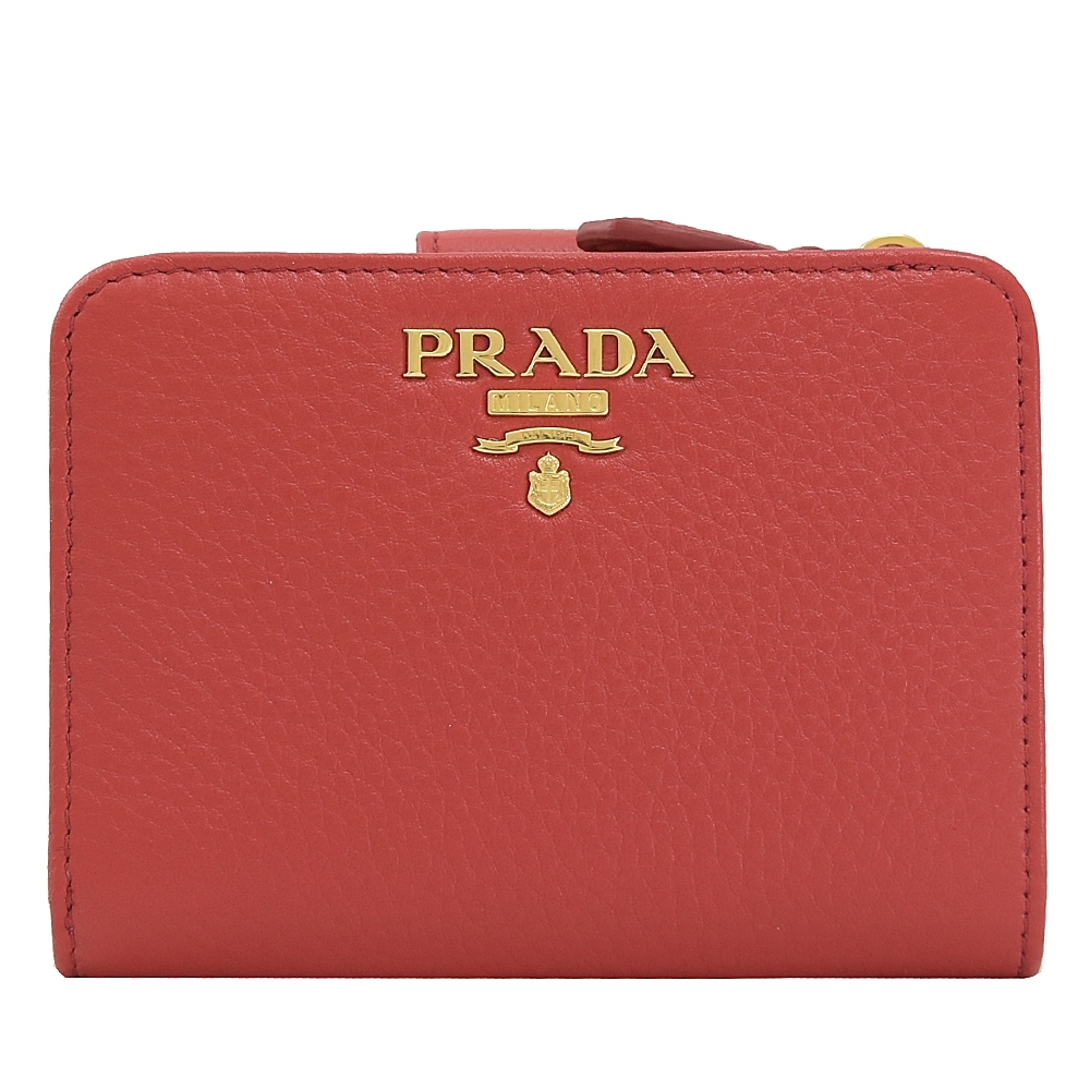 PRADA 金屬LOGO荔枝牛皮釦式零錢短夾(紅)