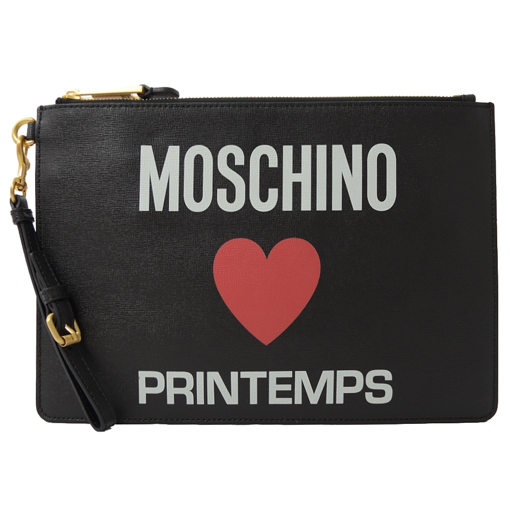 Moschino 英字logo 愛心圖案pvc手拿包 大 黑 歐系精品包 配件 Yahoo奇摩購物中心