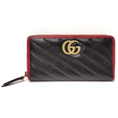 【GUCCI 古馳】573810 經典GG Marmont 絎縫斜紋牛皮撞色拉鏈長夾 (黑色)