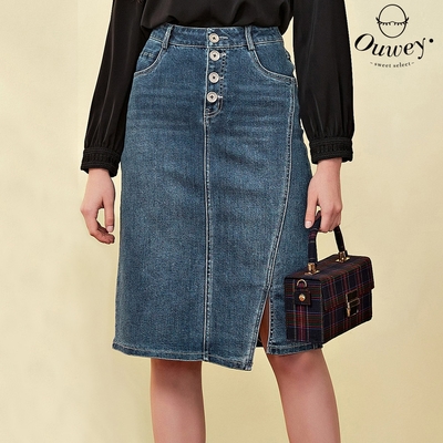 OUWEY歐薇 時髦刷色斜開叉排釦高含棉牛仔窄裙(藍色；S-L)3223028220