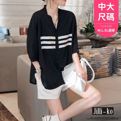 JILLI-KO 韓版條紋圖案印花寬鬆顯瘦襯衫- 黑色