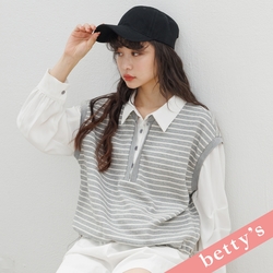 betty’s貝蒂思　假兩件半開襟條紋拼接上衣(灰色)