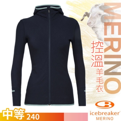 Icebreaker 女款 Descender 美麗諾羊毛 連帽保暖外套.RealFleece 中層夾克_深藍