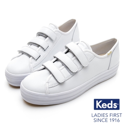 Keds TRIPLE KICK 時尚皮革厚底魔鬼氈休閒鞋-白