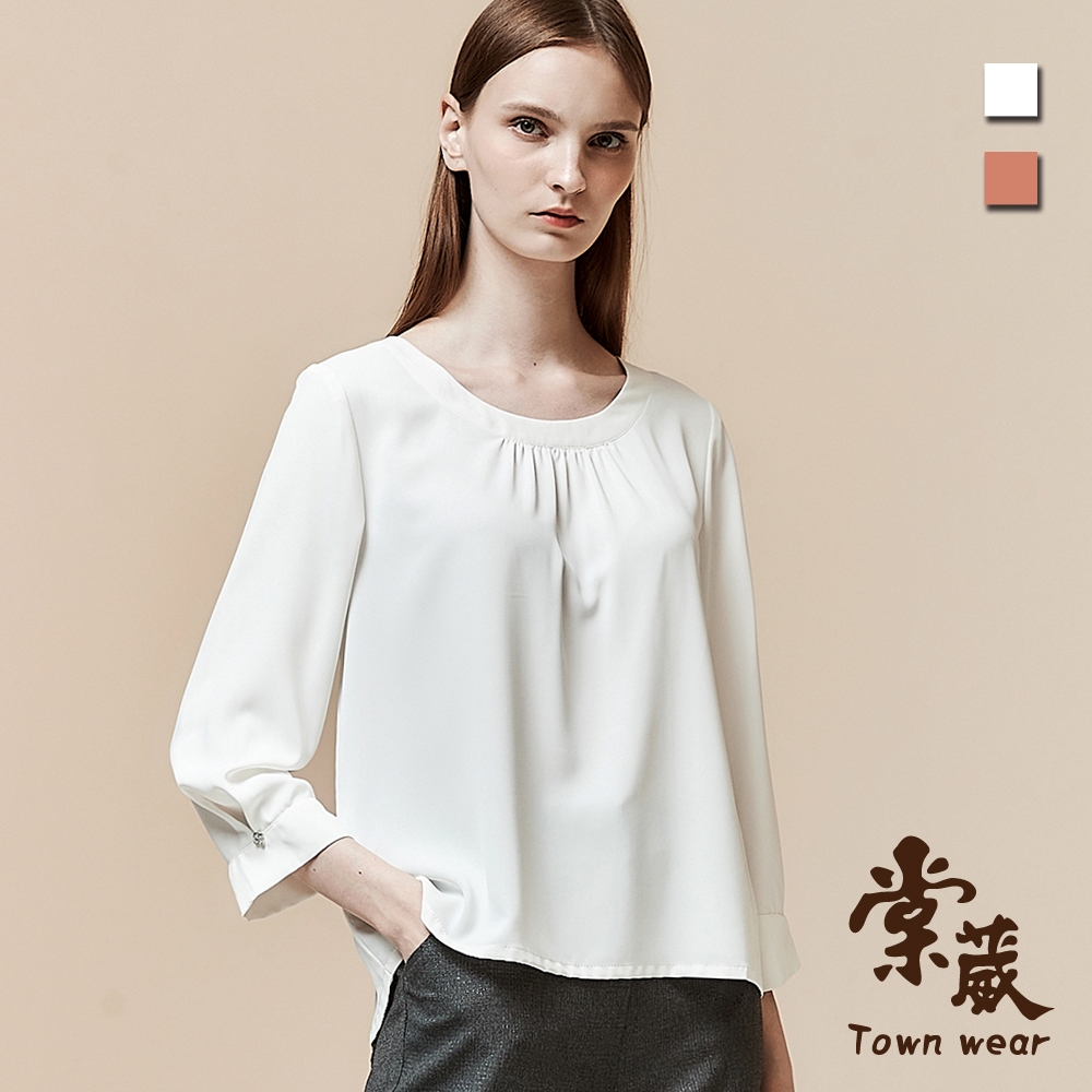 【TOWNWEAR棠葳】素雅鑽飾消光雪紡上衣 2色(女上衣/女上著/素色/壓褶袖)