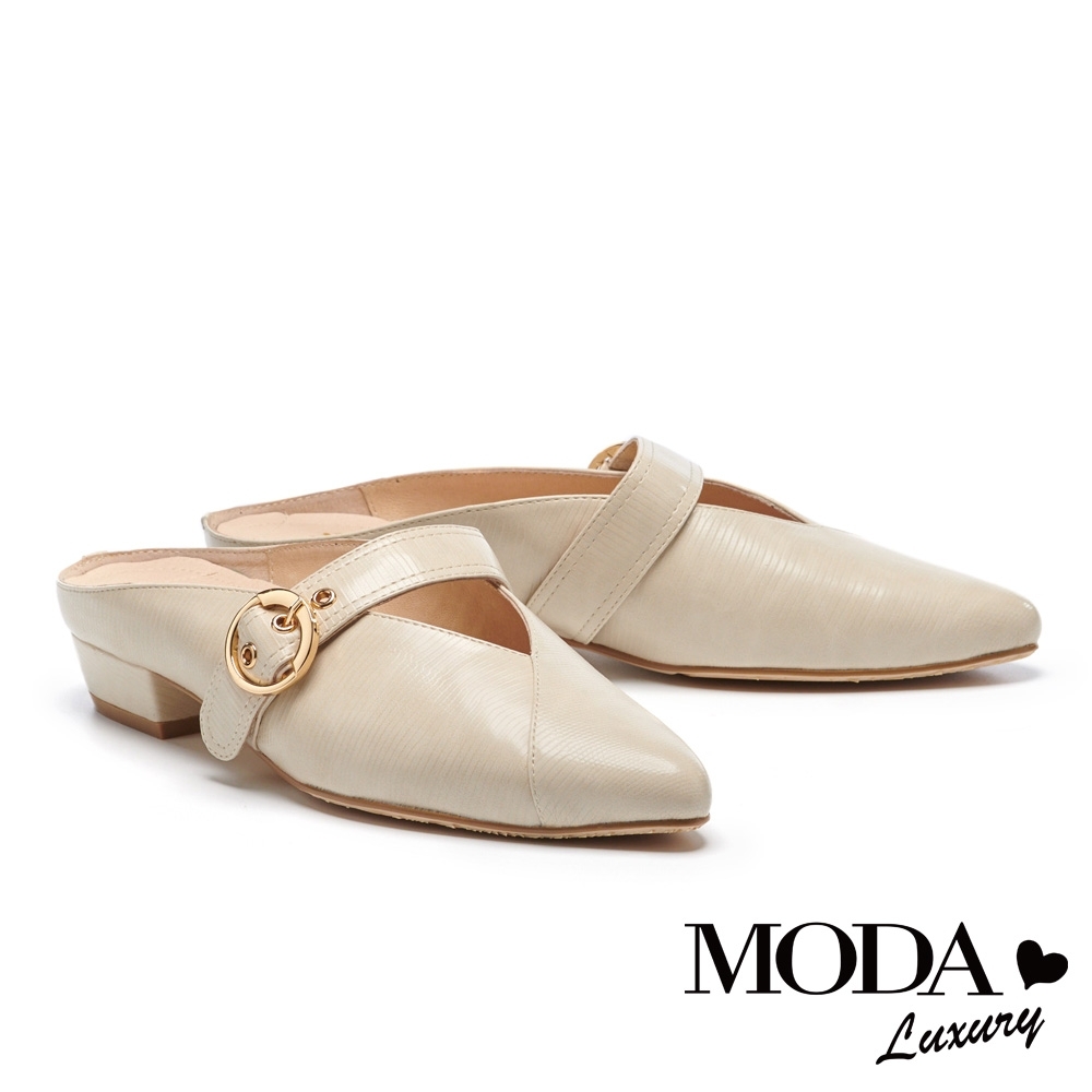 拖鞋 MODA Luxury 時尚復古金屬圓釦尖頭穆勒低跟拖鞋－米