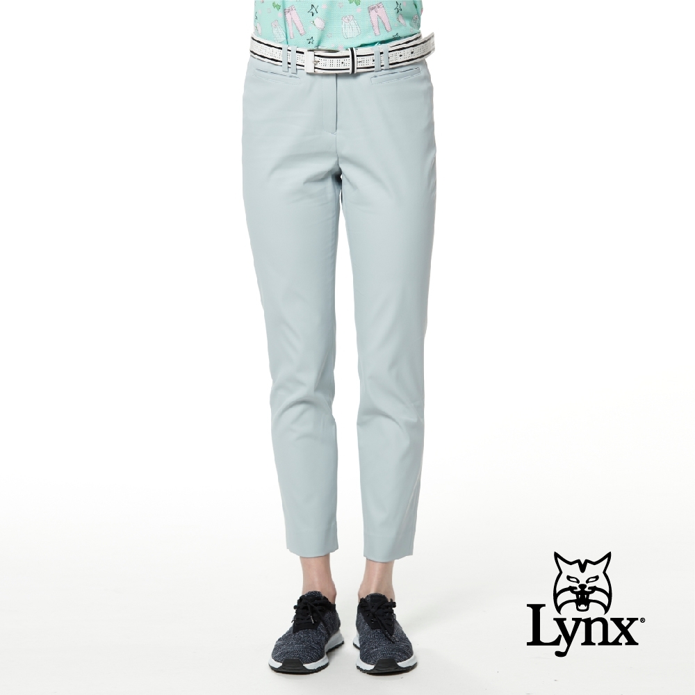 【Lynx Golf】女款日本進口布料高透濕防潑水配色造型前袋設計窄管九分褲-淺灰色