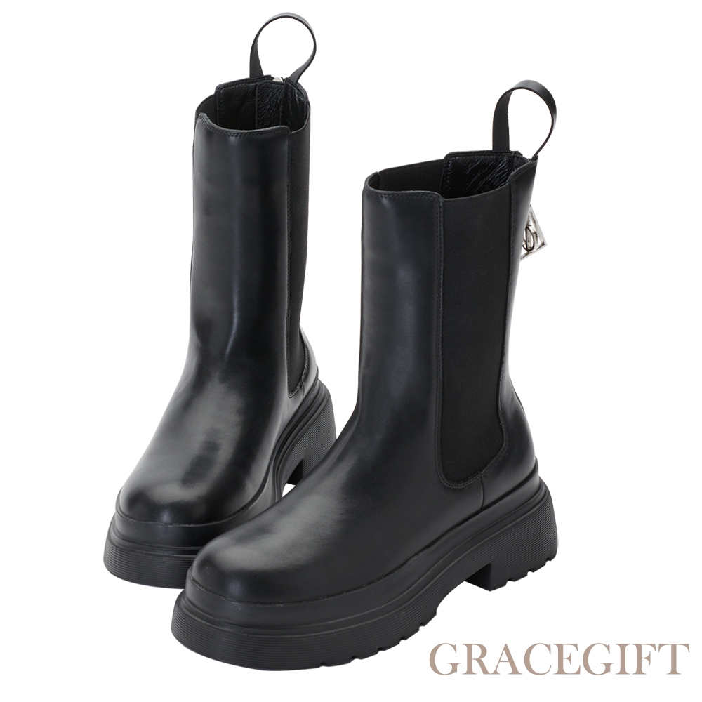 【Grace Gift】哈利波特死神聖物厚底切爾西中筒靴 黑